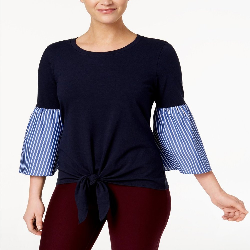 Ny Collection Tie-Front Bell-Sleeve Top Size Large Retail $50.00
